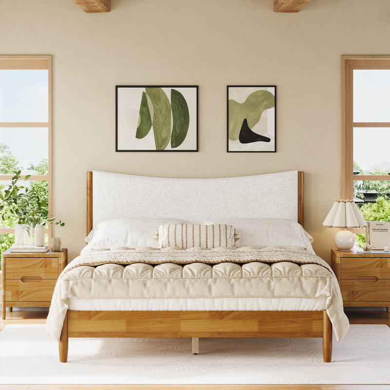 Scandinavian Queen Platform Bed, Teddy Boucle Upholstered Headboard, Kiln-dried Solid Wood Frame & Tapered Legs