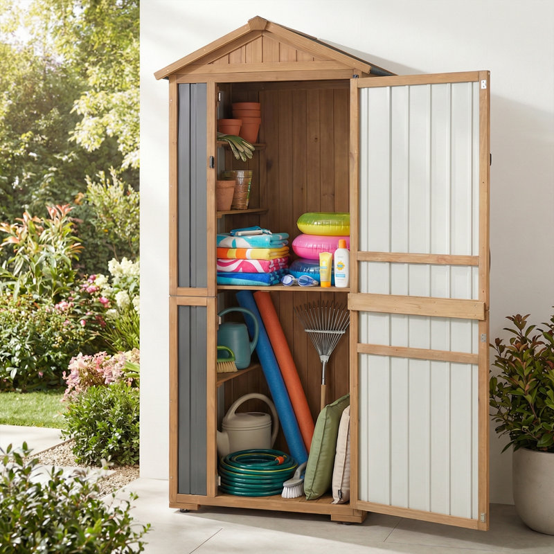 Outdoor Storage Cabinet With Sloped Roof, Adjustable Shelves, Lockable Door For Garden Patio Garage, 75.2" H