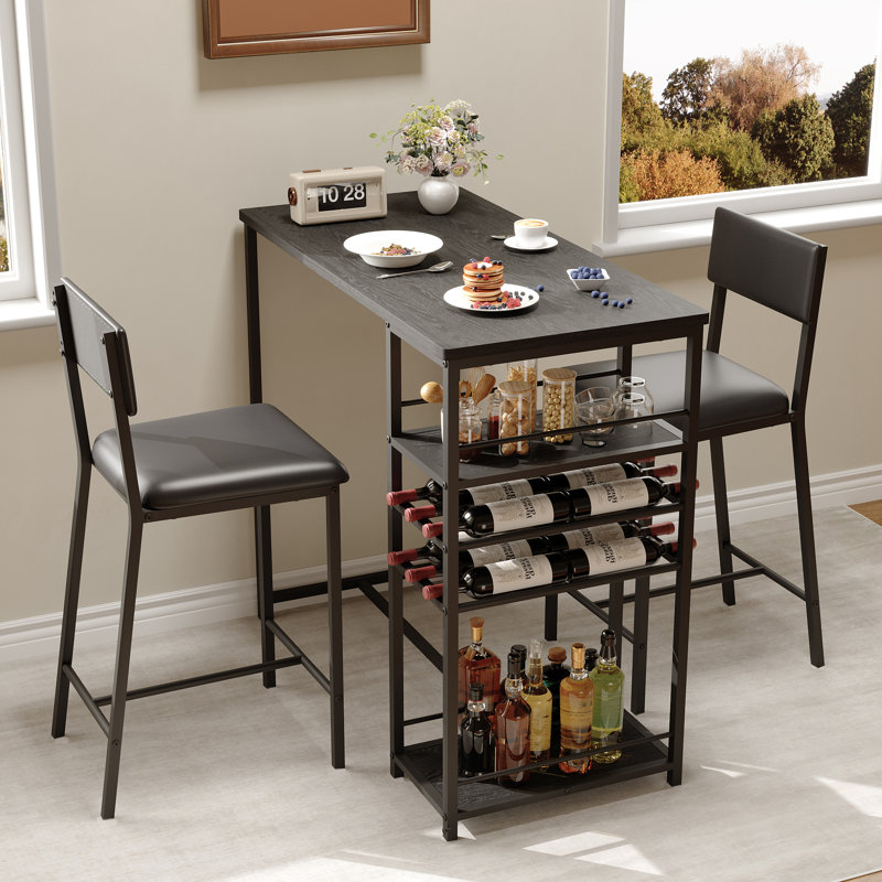 Ensemble de salle à manger compact 3 pièces pour 2 personnes, table moderne aspect bois noir avec étagères de rangement à 4 niveaux, casier à vin et porte-gobelets, chaises rembourrées, gain de place pour les coins de cuisine et d'appartement, noir