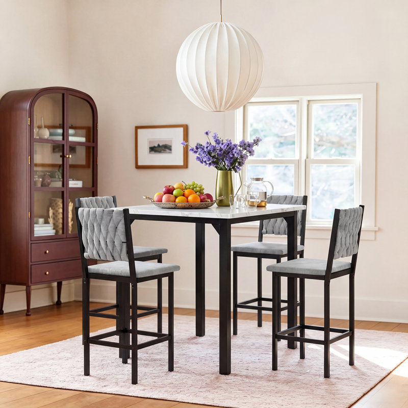 5-piece Square Dining Table Set, Mid-century Modern Kitchen Table Furniture For Dining Room, Dinette, Compact Space-saving With Particle Board Tabletop, 4 Velvet Upholstered Chairs, Metal Frame