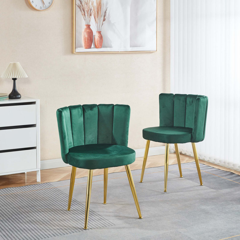 Chaise de salle à manger moderne (ensemble de 2) avec pieds en tube de fer, velours et dossier confortable, Vert