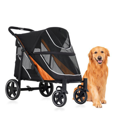 44.09*25.59*39.37 inches Orange Oversized Dog Stroller for Medium to Large Breeds Heavy Duty All-Terrain Pet Wagon with 11" Wheels & 360° Swivel Front Wheels One-Hand Fold Travel Carrier