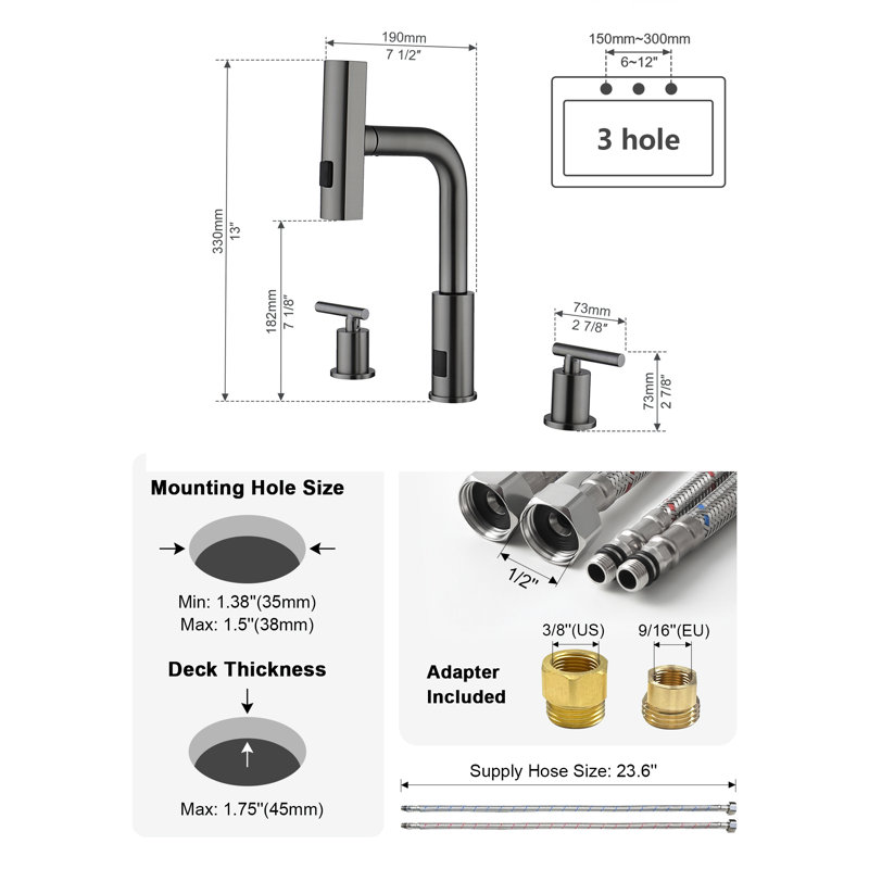 Lefton Waterfall Pull-out Bathroom Faucet 3 Hole With Temperature Display In Fahrenheit (battery-free), 8-inch Widespread Vanity Faucet For Bathroom Sink With 2 Handles