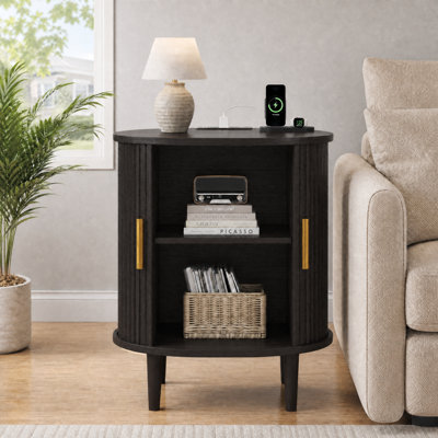 23.62"H Mid-Century Modern End Table With Charging Station & Sliding Door Storag