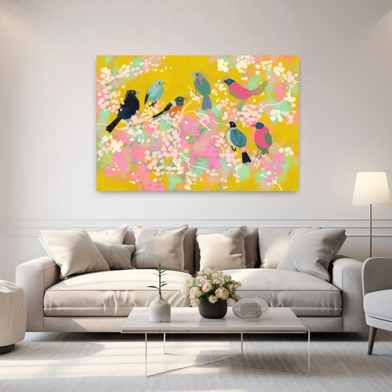 «Vibrant Spring Birds», art mural coloré et fantaisiste