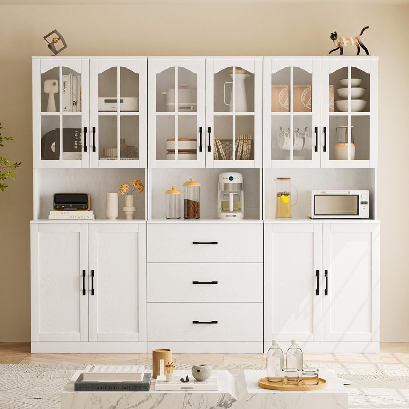 Garde-manger H 71 po x l 71 po avec bibliothèques, huche de cuisine en verre arquée avec tiroir et comptoirs spacieux