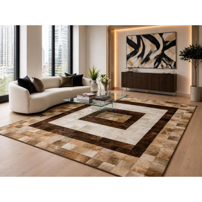 Brown Beige Cowhide Patchwork Rug, Geometric Leather Area Rug, Handmade Modern Luxury Carpet