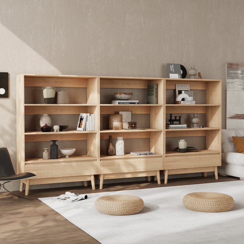 Bibliothèque avec tiroir de rangement rainuré en bois (3 pièces), (3 tablettes) H 47,6 po x l 94,5 po x P 11,8 po