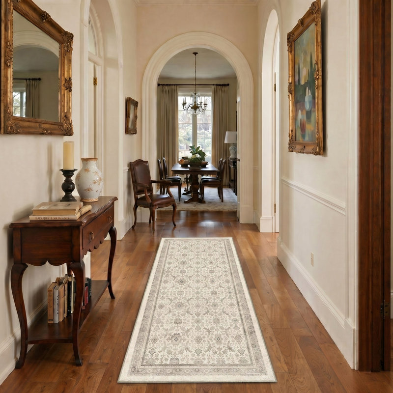 Tapis beige lavable à la machine Abastos, Beige/Grey, Tapis de couloir de 2 pi x 7 pi
