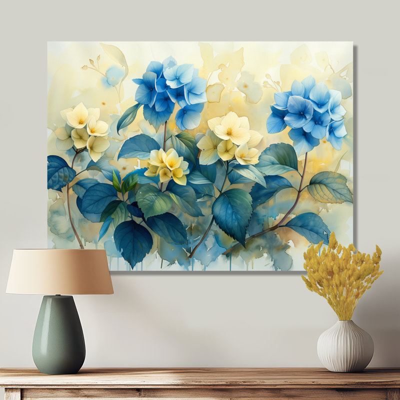 Jardin jaune et bleu, Hortensia II - Hortensia, art mural salon, Toile tendue, H 16 po x l 32 po