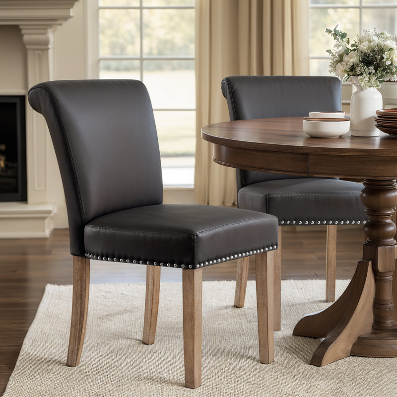 Momordique Nailed Trim Faux Leather Waterproof Upholstered Parsons Dining Chairs, Gray/Brown, 2