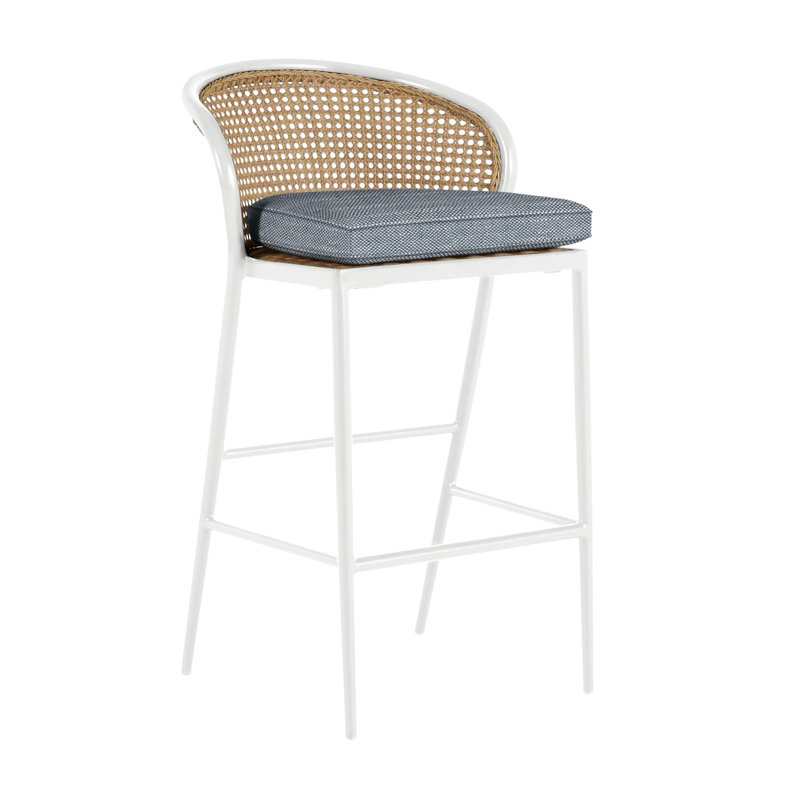 Havana 29.75" Patio Bar Stool with Cushion, Welt, Chalk/Natural Cane, Intermix Indigo