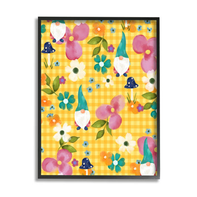 " Yellow Tartan Patterned Spring Gnomes Mushrooms " by Laura Konyndyk