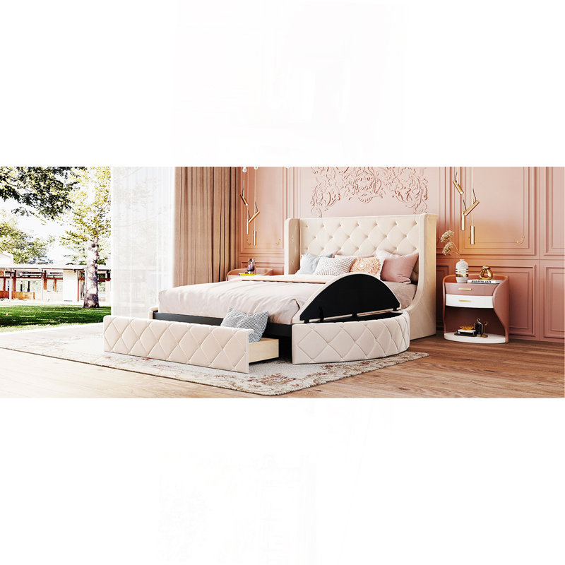 Lit plateforme tapissier en velours avec tête de lit à oreilles, 1 grand tiroir et 2 tabourets de rangement latéraux (beige)