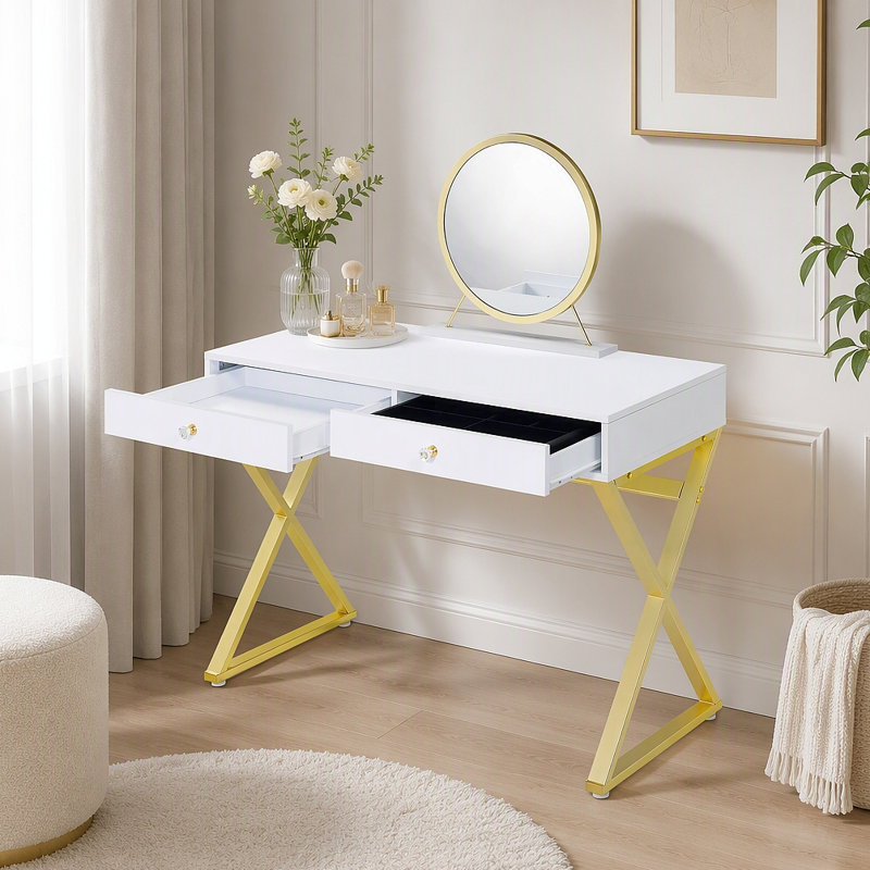 Coiffeuse avec miroir et plateau à bijoux, Blanc brillant