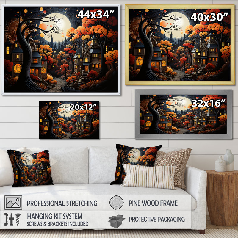 Cozy village in Autumn Moonlit IV - Art mural art déco urbain, Cadre d'angle fermé noir, H 34 po x l 44 po x P 1,5 po