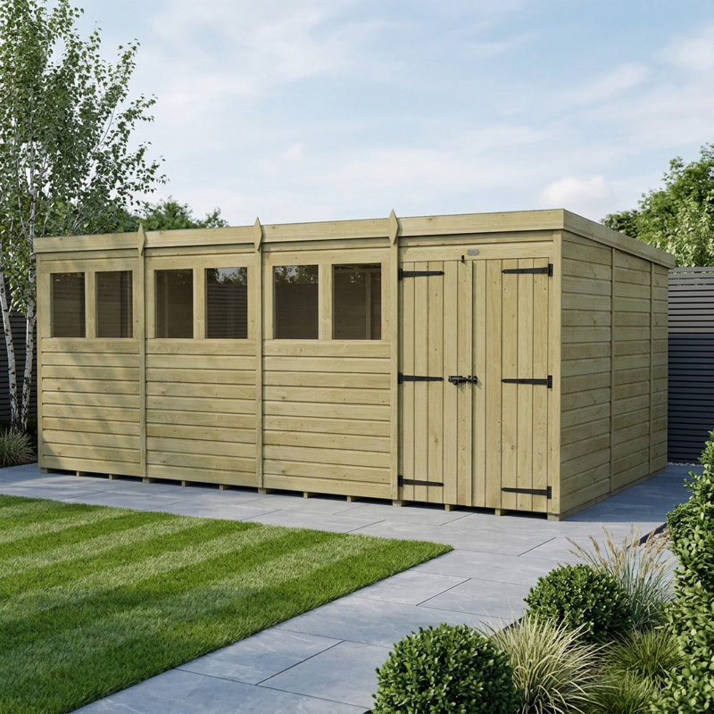 Total Sheds 16ft x 10ft Pent Garden Shed - Double Door - With Windows - Pressure Treated Timber - UK Manufactured