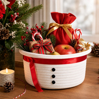 Christmas Decor White Storage Basket With Black Buttons And Handmade Woven Basket With Handles For Christmas Snacks And Toys And Home Decor Basket