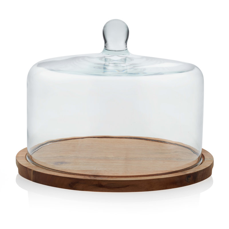 Libbey Round Wood Server Cake Stand with Glass Dome