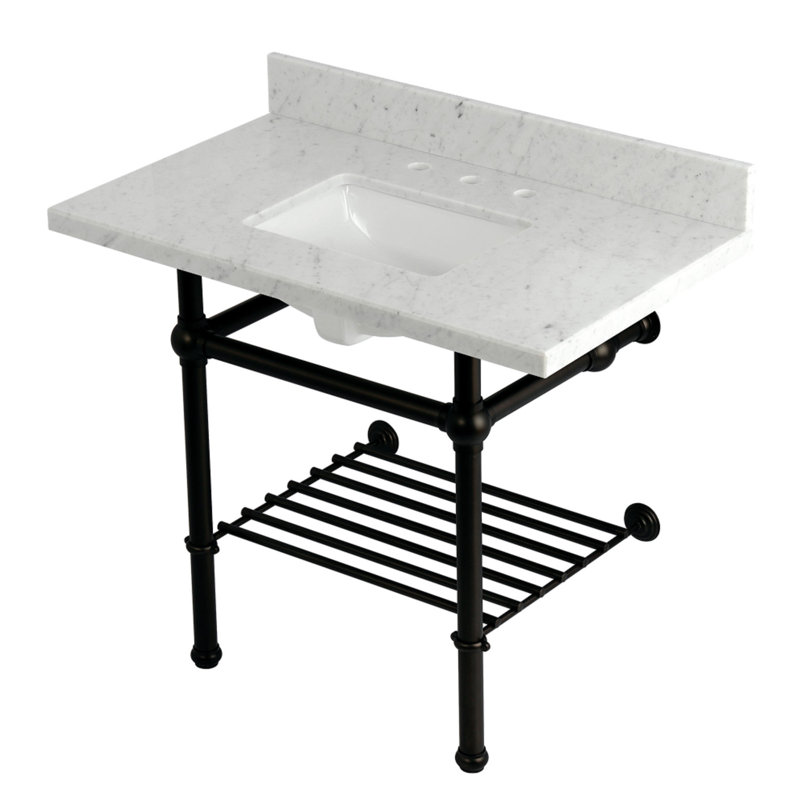 Kingston Brass Templeton 36-Inch Carrara Marble Console Sink with Brass Legs and Shelf (8-Inch, 3-Hole)