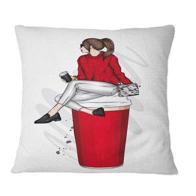 Fille avec un chandail rouge sur une tasse à café rouge - Coussin décoratif imprimé moderne