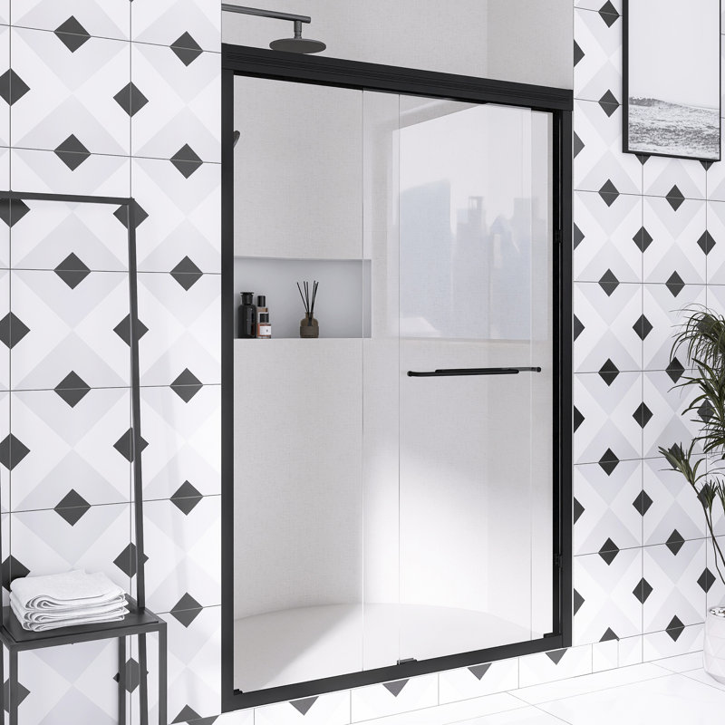 44-48 In. W × 72  In. H Matte Black Half Frameless Double Sliding Glass Shower Door  With SGCC Certified  1/4" Clear  Tempered Glass  | Safety Explosion-Proof Film |  | Reversible Installation