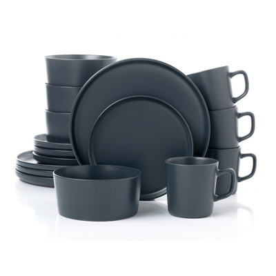 Lorren Home Trends Grey Stoneware Dinnerware Set, 16 Piece, Service for 4, Microwave and Dishwasher Safe