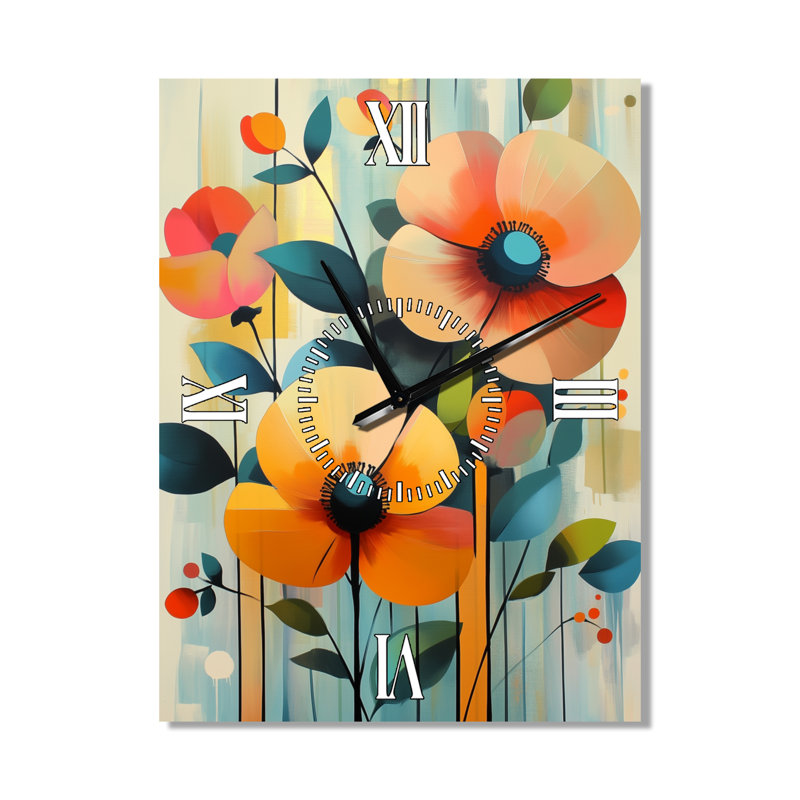 Panneau de papier peint rétro coquelicot I - Horloge murale en métal de style milieu du siècle, H 32 po x l 24 po - Rectangle