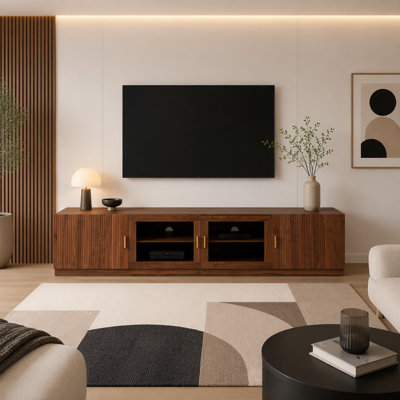 Meuble télé rétro de 74 po pour téléviseurs jusqu'à 85 po, centre multimédia de style milieu du siècle avec portes vitrées, éclairage DEL et étagères réglables, console multimédia avec gestion des câbles pour salon