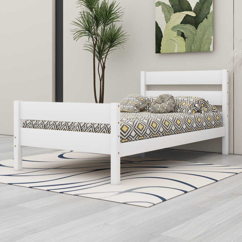 Bed Frame With Wood Slat, Headboard And Footboard, White