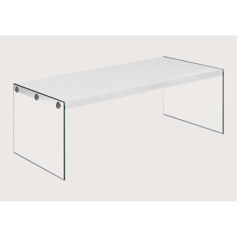Hulo Coffee Table, Clear Glass Side Panels, 44 Inch Gray Wood Top, White Wood