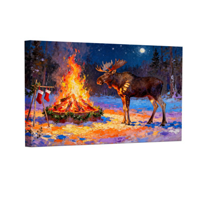 Christmas Moose By Campfire Christmas Scene Night Gallery Canvas
