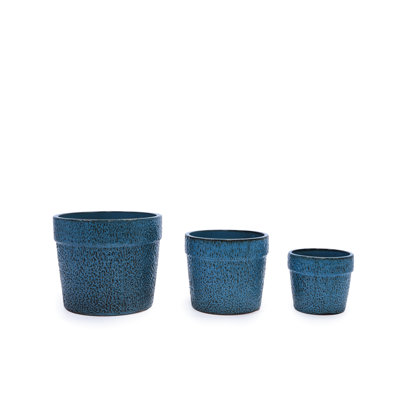 3 pots de fleurs en céramique bleue brillante antique pour la terrasse, le jardin et le salon, chaleur - gel avec plante de drainage