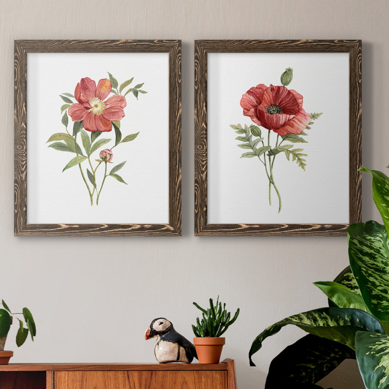 Pivoine écarlate - ensemble de 2 reproductions d'art, H 20 po x l 17 po x P 1 po, Toile avec cadre en noyer, Pas de tapis