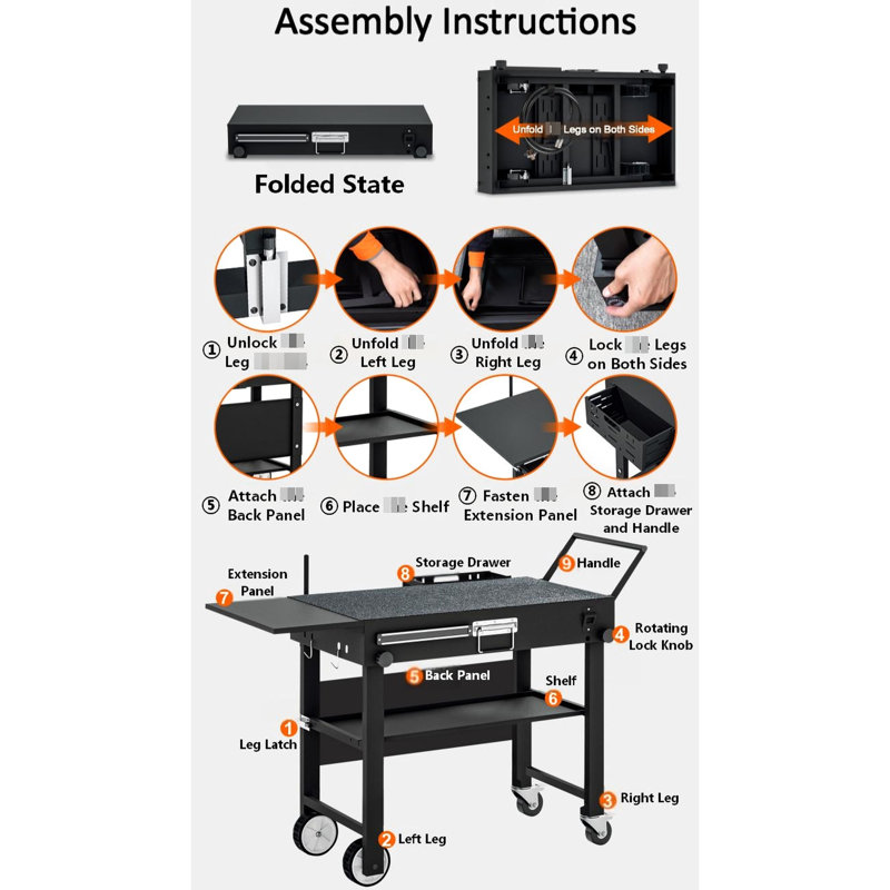 Station de cuisson extérieure: table de barbecue pliable avec rangement intégré et support à épices - Chariot portatif à grils multiples compatible avec barbecue, fabrication en acier renforcé, installation rapide,