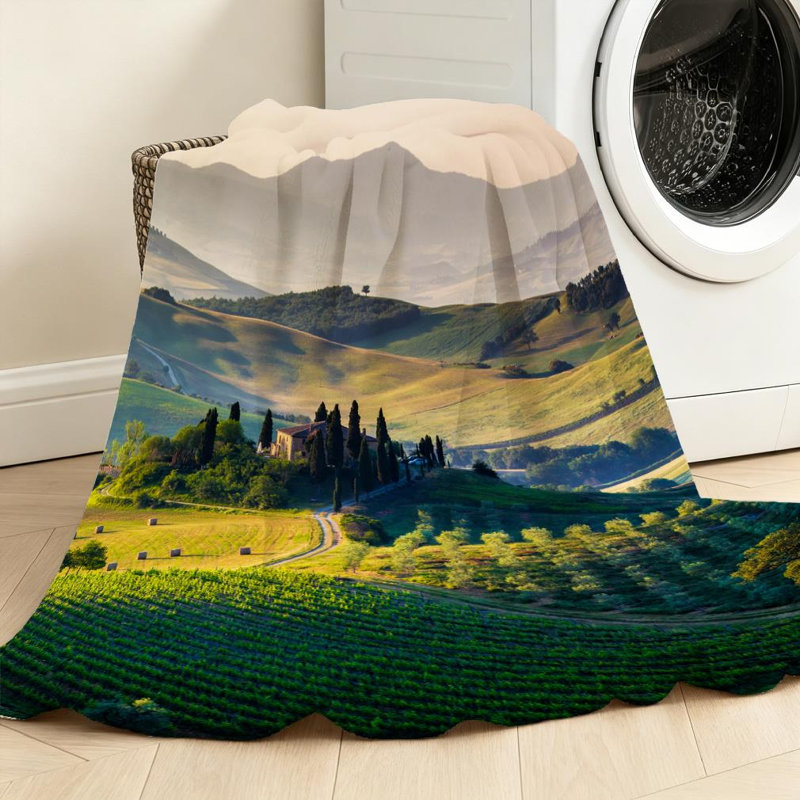 Jeté en flanelle transparente molletonné, impression de paysage pittoresque simple face toscane, Throw 50" x 60"