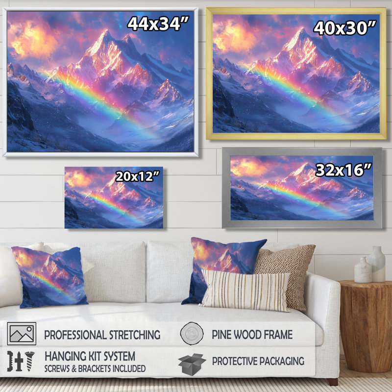 Arc-en-ciel et les montagnes enneigées II - art mural arc-en-ciel, H 12 po x l 20 po, Toile tendue