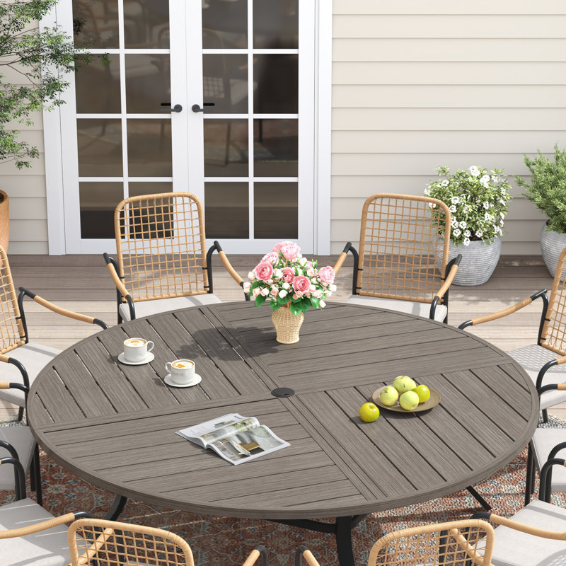 Outdoor Round Metal Patio Dining Table, Brush Wood Gray