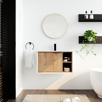 Meuble-lavabo à cadre en bois, meuble-lavabo flottant mural avec lavabo en céramique et porte d'armoire à fermeture en douceur