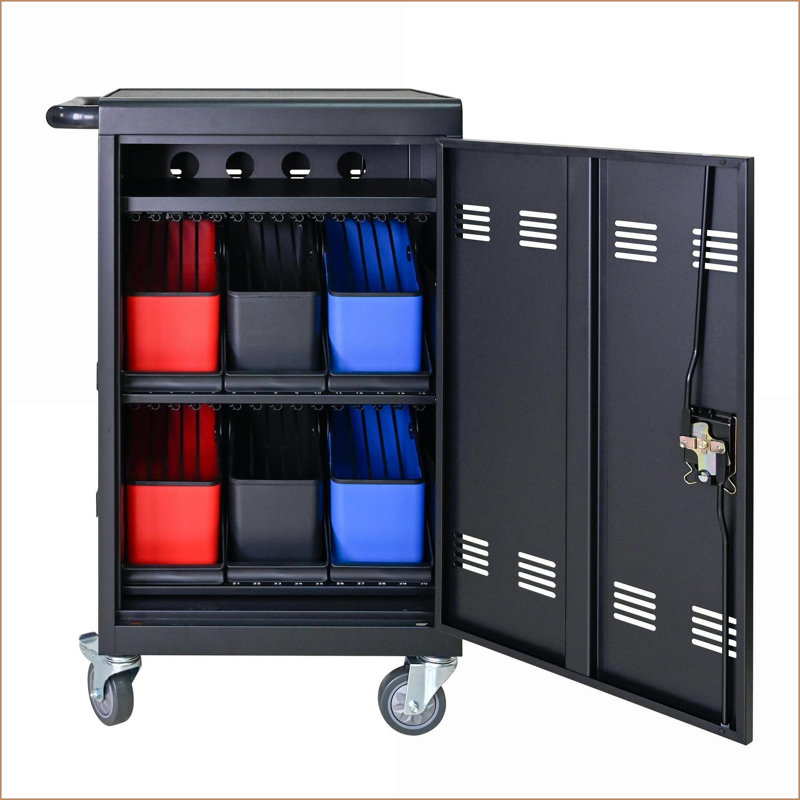 Chariot de charge mobile pour 30 tablettes / ordinateurs portables | Structure en acier | Portes verrouillables | Gestion des câbles | Métal | Noir mat