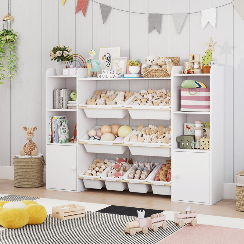 Rangement pour jouets pour enfants avec bibliothèque, 8 bacs amovibles, 4 tablettes ouvertes et 2 armoires de rangement