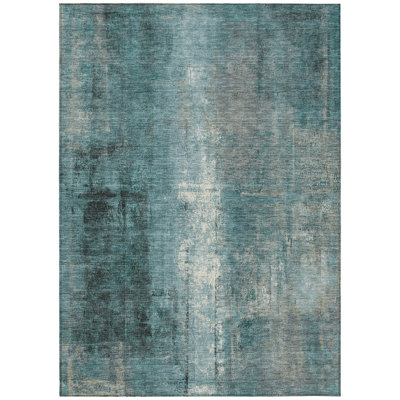 Machine Washable Indoor/Outdoor Xhevrie Teal Rug