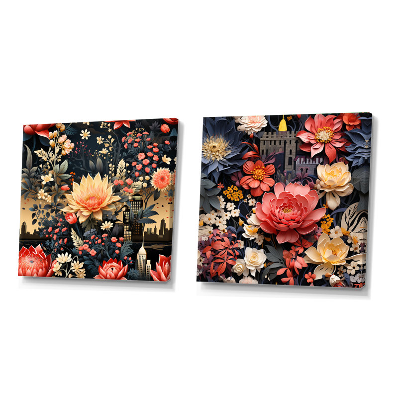 Ensemble de 2 collages carrés floraux Sara, H 16 po x l 33 po, Toile tendue