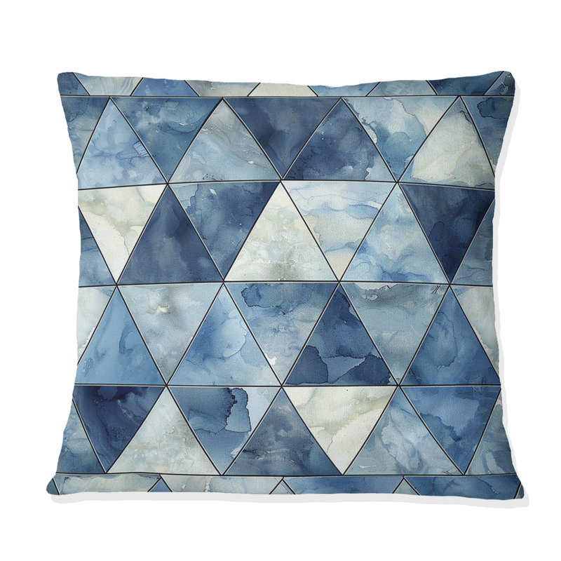 Triangles bleus et blancs I - Coussin décoratif moderne, H 18 po x l 18 po