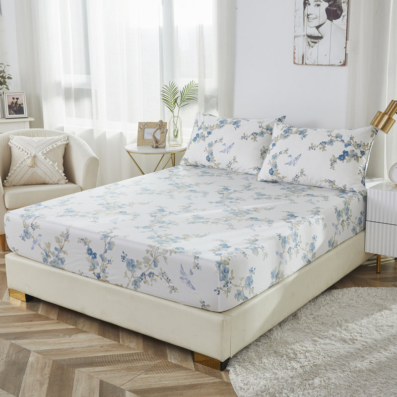 Ensemble de draps 100 % coton égyptien, 4 pièces, 800 fils, motif floral aquarelle bleu de luxe, pour chambre à coucher, chambre d'amis, dortoir étudiant, toutes saisons
