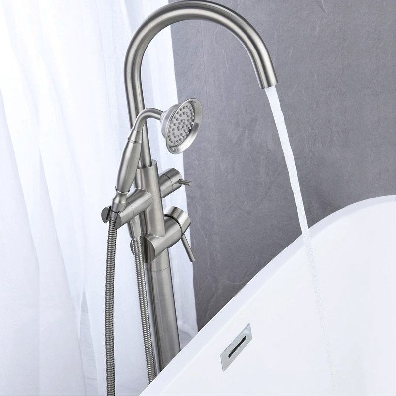 Solid Brass Freestanding Tub Filler In Brushed Nickel - Reliable And Long-term Performance With Diverter Valve Easily Control Water Flow Direction