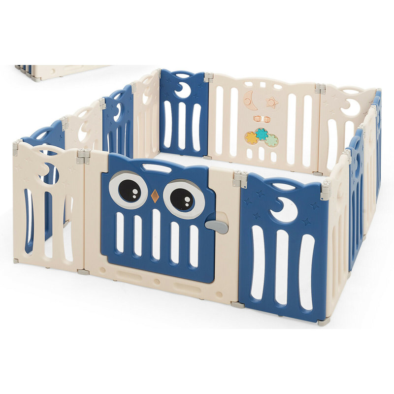 Gymax Blue and Beige Foldable Baby Playpen with Lock Door