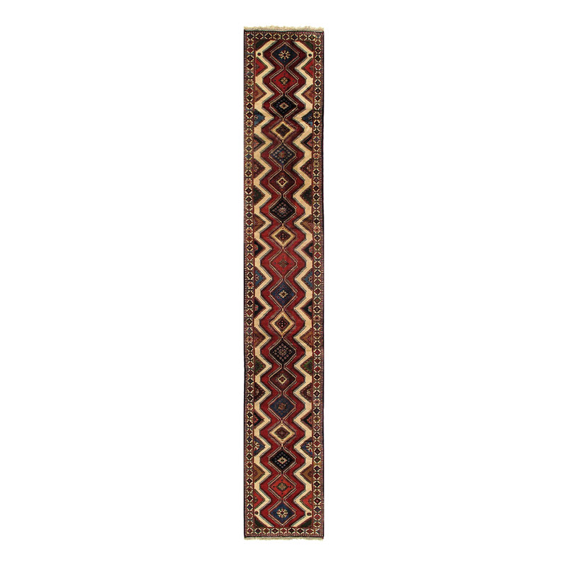 Tapis de couloir unique en laine noué à la main rouge / bleu / beige 2 pi 11 po x 19 pi 7 po