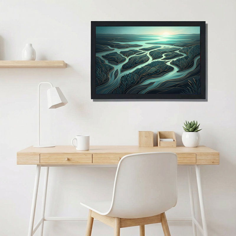 «River Delta» stylisé, art mural sur toile bleu sarcelle et or, 24"H x 36"W