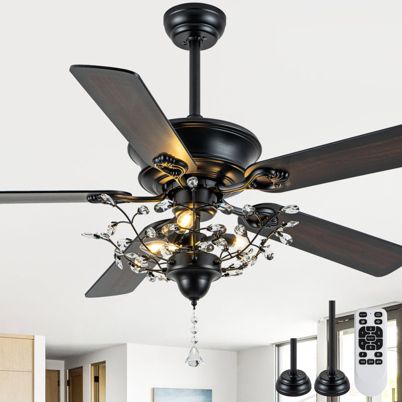 Ventilateurs de plafond 52 po en cristal moderne avec lumières et télécommande, ventilateur de plafond réversible à 5 pales à moteur à courant continu, ventilateur de lustre noir pour chambre à coucher